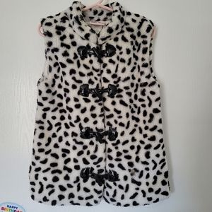 Little Lass Girls Sz 6 White Black Faux Fur Animal print Fuzzy Vest Button front